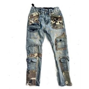 Waimea boys Blue Denim Camo Distressed Moto Skinny‎ Fit Jeans sz 6 Adjustable